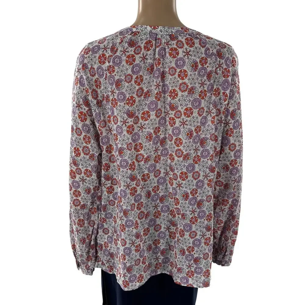 Boden Natural White Patricia Floral Red Purple Popover Long Sleeve Top
